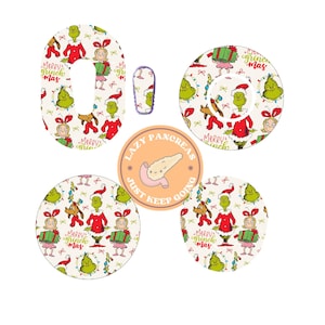 May include: A collection of Christmas-themed decorative items featuring characters from a holiday story. Includes plates, a patch, and a shaped item, all with festive designs and the text "Merry Grinch Mas" and "Lazy Pancreas Just Keep Going".