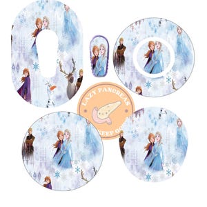 May include: A set of six Frozen-themed insulin pump and continuous glucose monitor (CGM) covers. The covers feature a snowflake pattern and images of Elsa and Anna from the Disney movie Frozen. The text "Lazy Pancreas Keep Going" is on one of the covers.