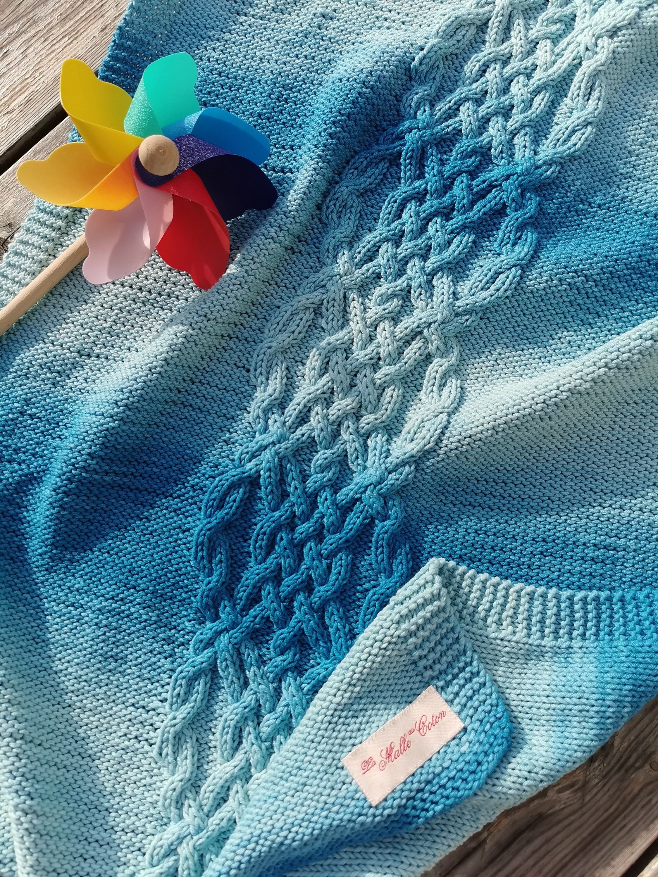 Couverture Pour Bébé Tricotée Main en Coton Bleu Lagon