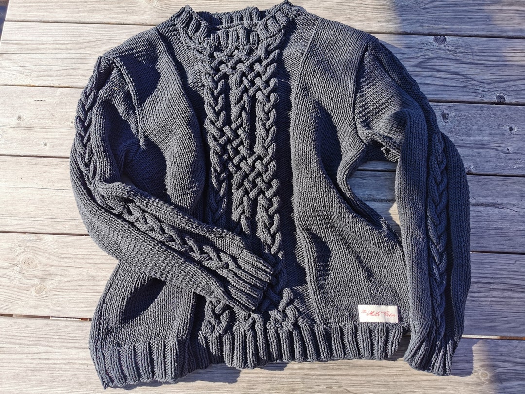 Pull irlandais Noir d'Ebène tricoté main en coton biologique - Etsy France