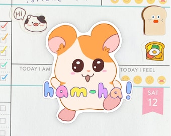 Könnte beinhalten: Ein bunter Aufkleber mit einem Cartoon-Hamster mit orangefarbenem Fell, rosa Ohren und großen Augen. Der Hamster lächelt und sagt "ham-ha!" in Regenbogenfarben. Der Aufkleber befindet sich auf einem weißen Hintergrund mit einer blauen Linie und dem Text "TODAY I AM" darüber.