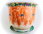 CHINESE EXPORT PLANTER, Butterfly on Cabbage Leaves Decoration, Asian Oriental Cachepot, Polychrome Iron-Red Enameled Porcelain Flower Pot