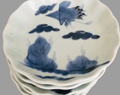 SET OF 6x KOSOMETSUKE Dishes, Antique Blue White Flower Shape Porcelain Saucers, Crane Decoration, Chinese Fine Arts Collectibles