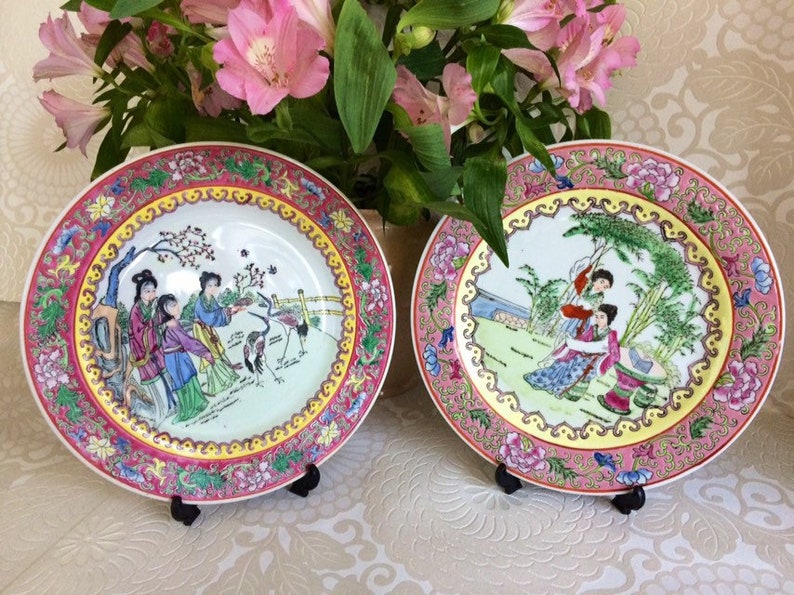 2 x Chinese 9.45 Macau Macao Vintage Famille Rose Plates with Princess Palace Garden Scenes