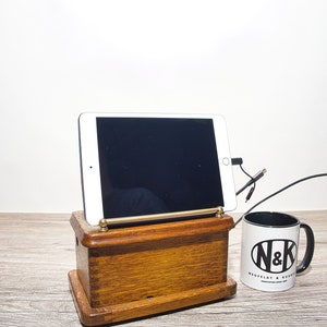 Over 100 year old phone case as a tablet or cell phone holder with universal charging cable and shelf upcycling / retromod Made in Germany image 4