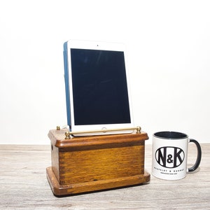 Over 100 year old phone case as a tablet or cell phone holder with universal charging cable and shelf upcycling / retromod Made in Germany image 9