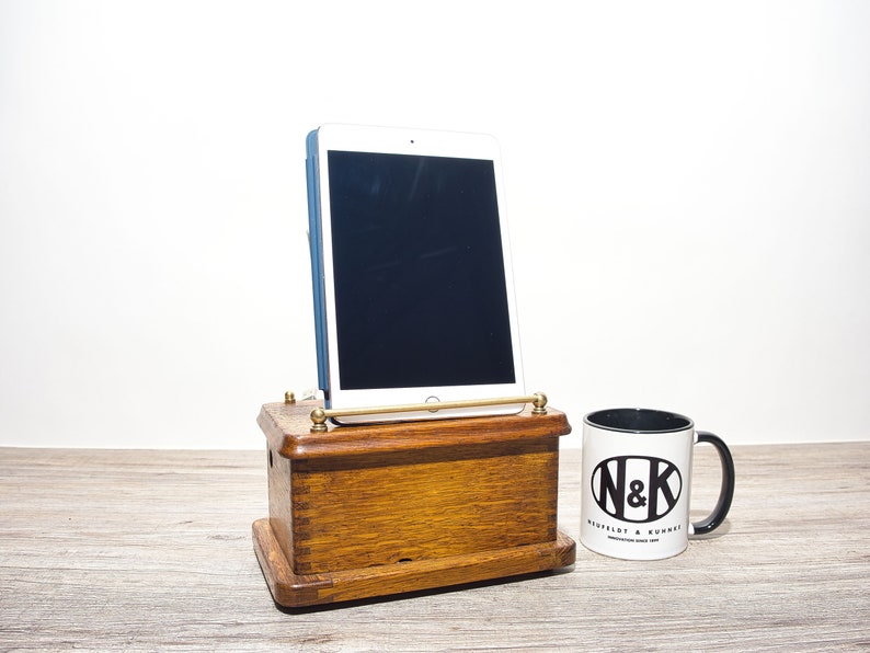 Over 100 year old phone case as a tablet or cell phone holder with universal charging cable and shelf upcycling / retromod Made in Germany image 9