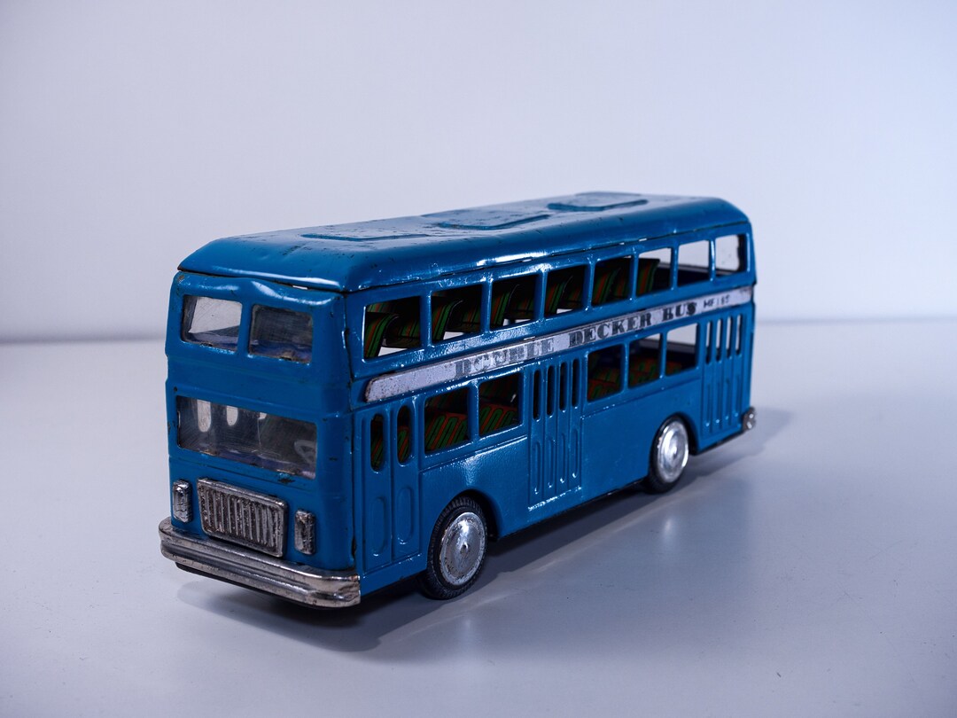Tin Toy Double decker Bus MF185 In Blue Condition Dented Rusty Lots tin-toy-double-decker-bus-mf185-in-blue-condition-dented-rusty-lots