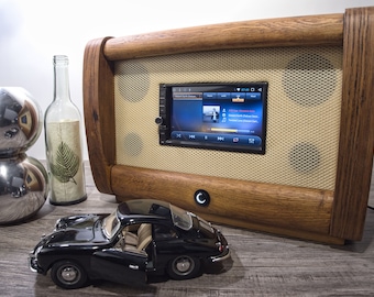 Tube radio upcycling: wooden casing radio converted with Android radio (touchscreen Wi-Fi, Bluetooth) - 2 JBL speakers + bass reflex - unique piece