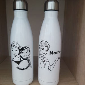May include: Two white stainless steel water bottles with black and white images of Disney's Frozen characters. One bottle features Elsa and the other features Anna and Elsa. The bottle with Elsa has the word "Name" printed on it.