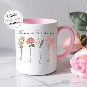 Caneca de jardim da vovó com flores de nascimento personalizadas - presente de aniversário da vovó - 11 onças e 15 onças. Canecas - Título Personalizado - Presente Dia das Mães