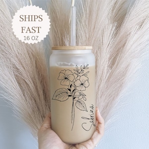 Personalized Iced Coffee Cup 20oz Glass Cup, Custom Beer Can Glass with Lid and Straw, Bridesmaid Proposal Gift Glass can coffee cup