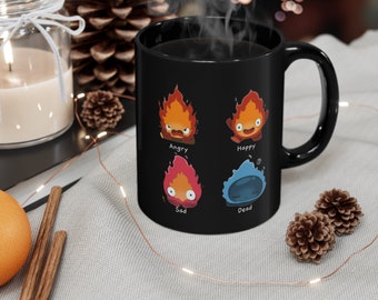 Taza de emociones de Calcifer, taza inspirada en Howls Moving Castle, taza de anime, taza japonesa, taza negra de 11 oz