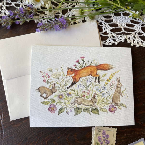 Fox and rabbits notecard