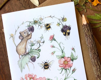 Field mouse and blackberry bumblebees notecard