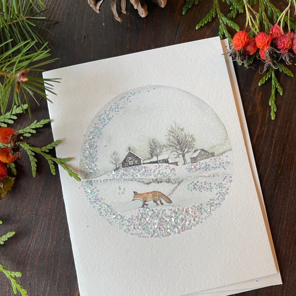 Fox in a snowy field notecard