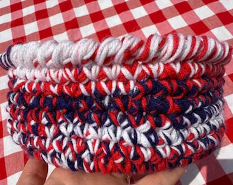America 250th Birthday Basket/ Patriotic Crochet Bowl with Wood Base