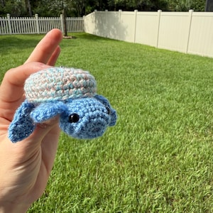 Könnte beinhalten: Eine handgehäkelte Schildkröte in Blau-, Türkis- und Beigetönen. Die Schildkröte hat schwarze Augen. Sie wird vor dem Hintergrund von grünem Gras und einem weißen Zaun gehalten.