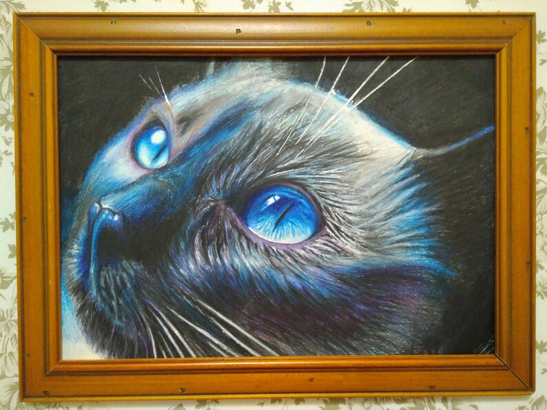Handmade Pencil drawing Wall decor Art painting picture portrait black cat with blue eyes