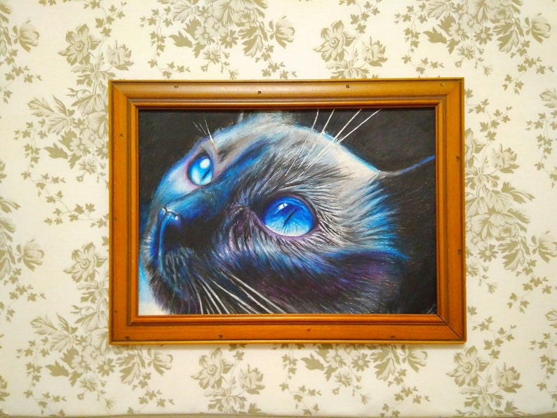 Handmade Pencil drawing Wall decor Art painting picture portrait black cat with blue eyes