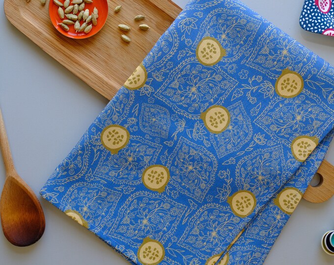 Tea towel - Blue and Olive Pomegranate Ogee Cotton Linen Kitchen Towel