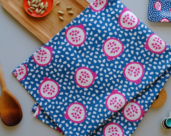 Tea towel - Blue and White Pomegranates & Pips Cotton Linen Kitchen Towel