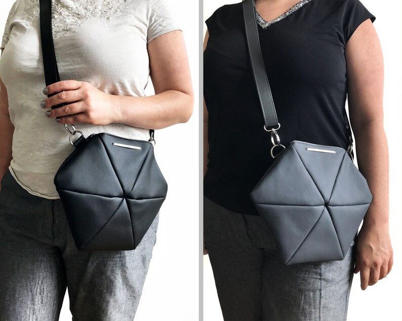 Medium crossbody purse. Geometric hexagon bag for women in dark gray