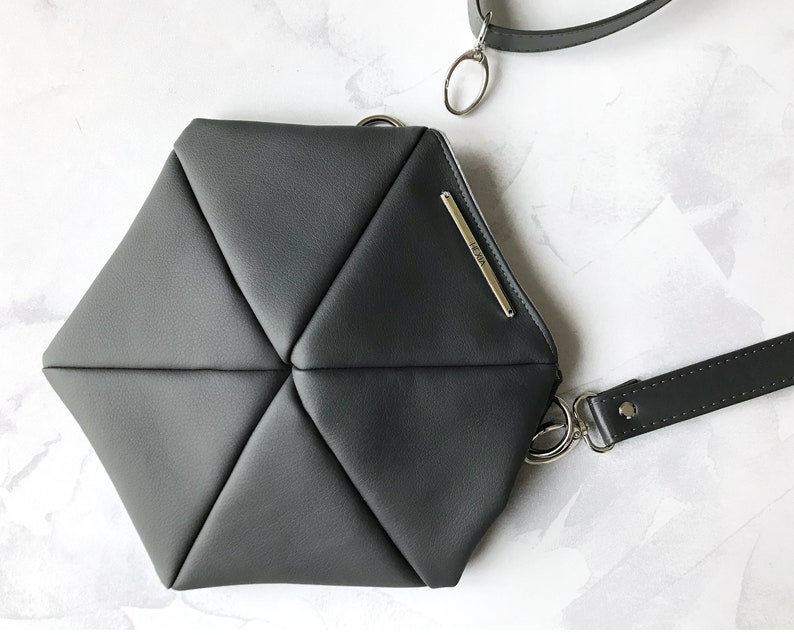 Medium crossbody purse. Geometric hexagon bag for women in dark gray