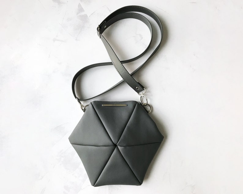 Medium crossbody purse. Geometric hexagon bag for women in dark gray