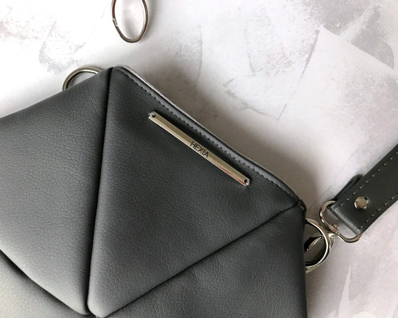 Medium crossbody purse. Geometric hexagon bag for women in dark gray