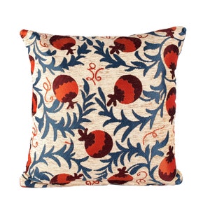 Pomegranate pattern pillow cover, chenille pillow, red and blue pillow case, Turkish pillow, oriental pillow, red and blue cushion cover.