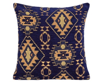 Dark Blue Kilim Pillow Cover: Turkish Chenille Cushion