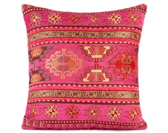 Pink throw pillow, pink kilim cushion, pink boho pillow, pink accent pillow, kilim pillow cover pink, oriental pink pillow cover chenille.