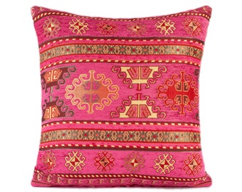 Fodera per cuscino Kilim turco rosa acceso, cuscino in ciniglia boho fucsia, federa per cuscino decorativo con medaglione tribale, decorazione colorata 18x18 20x20