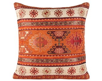 Kissenbezug im Kilim-Stil in Orange-Rost, Boho-Chenille-Kissenbezug in Terrakotta, Zierkissenbezug mit Tribal-Medaillon-Muster (45 x 45 cm, 50 x 50 cm)