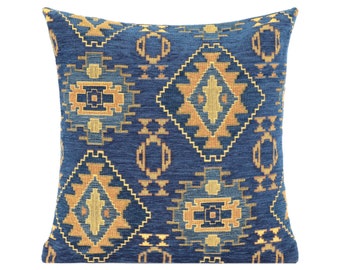Marineblauer Kelim-Kissenbezug | Chenille-Kissen mit Rautenmuster im Aztekenstil | Dekokissen im Tribal-Southwestern-Stil | Türkischer Polsterstoffbezug