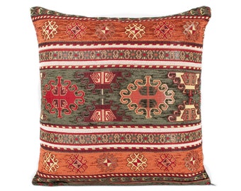 Green throw pillow, green and orange cushion cover, kilim pattern pillow, kilim pillow cover, Turkish pillow cover, oriental pillow cover.