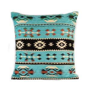 Blue Kilim Pillow Cover: Bohemian Chenille Throw Pillow (16x16 in)