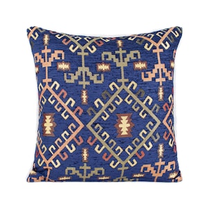 Blue Kilim Pillow Cover 20x20: Turkish Chenille Throw Pillow