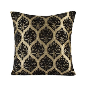 Chenille Peacock Pillow Cover: Black & Gold Oriental Cushion (16x16 in)