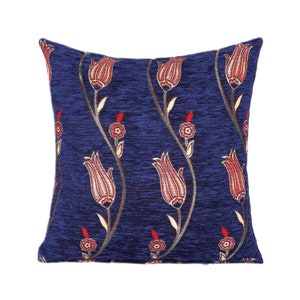 Blue Chenille Kilim Pillow Cover: Turkish Floral Throw Pillow