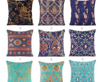 May include: Nine decorative throw pillows with various patterns in shades of blue, turquoise, and gold. The pillows feature traditional Turkish designs.
