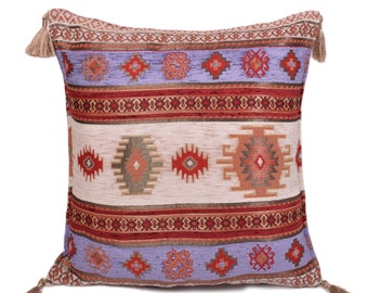 Chenille Kilim Pillow Cover: Bohemian Farmhouse Cushion (16x16)