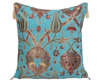 Floral Chenille Pillow Cover: Turquoise Turkish Kilim Cushion with Tassels
