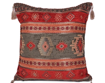 Red Chenille Kilim Pillow Cover: Turkish Oriental Cushion (16 x 16)