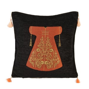 Chenille Turkish Pillow Cover: Black Boho Cushion with Tassels (16x16)