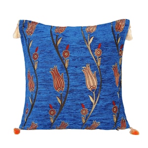 Blue Turkish pillow, tulip pillow case, tulip throw pillow, chenille pillow, throw pillow cover 16x16, kilim pillow blue, oriental pillow.