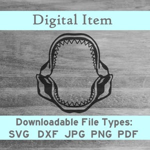 May include: Black and white silhouette of a shark's open mouth with sharp teeth. Digital Item. Downloadable File Types: SVG DXF JPG PNG PDF