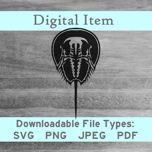 May include: Black and white silhouette of a horseshoe crab on a woodgrain background. The image includes the text "Digital Item" and "Downloadable File Types: SVG PNG JPEG PDF".