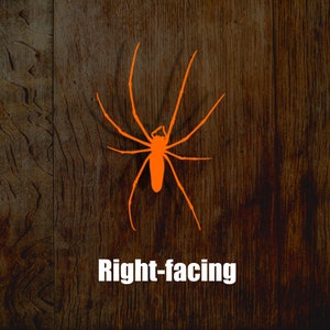 May include: Orange silhouette of a spider facing right on a brown wood background. The text "Right-facing" is below the spider.